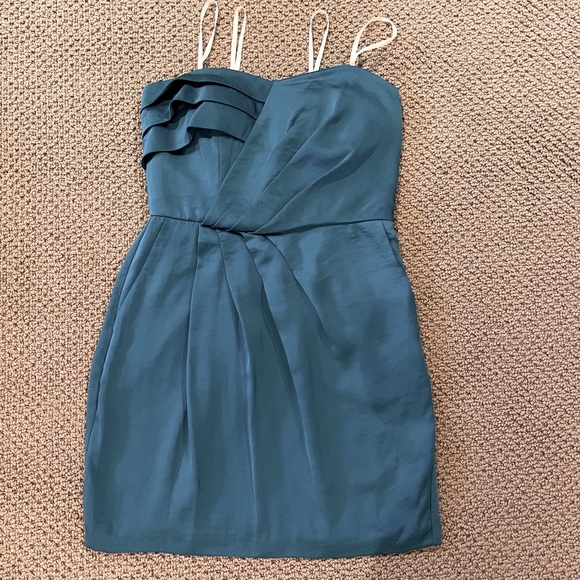 Strapless satiny blue/teal formal dress with pockets - never worn. - Picture 1 of 5